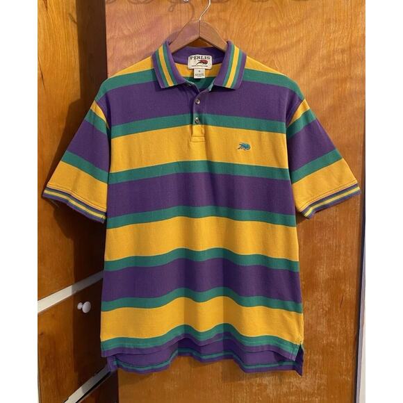 Perlis New Orleans Crawfish Mardi Gras Striped Polo Shirt Purple Green Gold Sz S - Picture 1 of 9